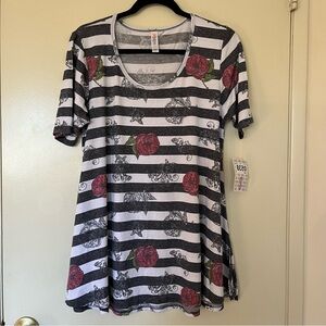 LuLaRoe Perfect T Tunic Top NEW Small Stripe Floral Rose Short Sleeve Gray White
